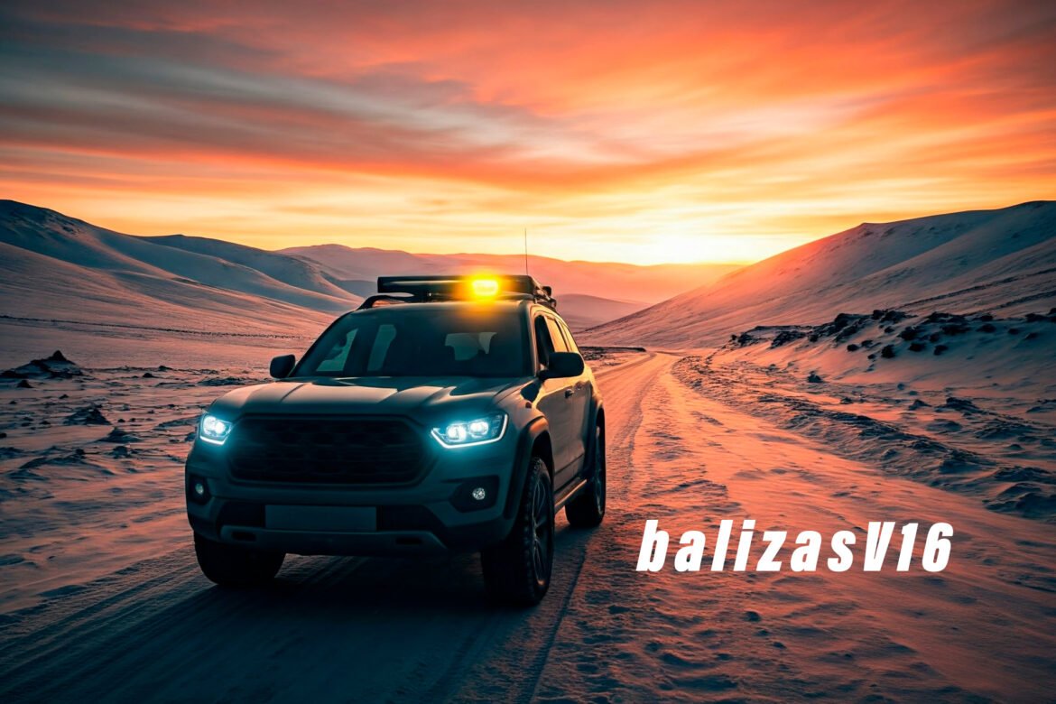 Coche SUV en una carretera de montaña nevada, está parado y tiene en el techo una baliza V16 encendida. Aparece el logo de balizasv16.com
