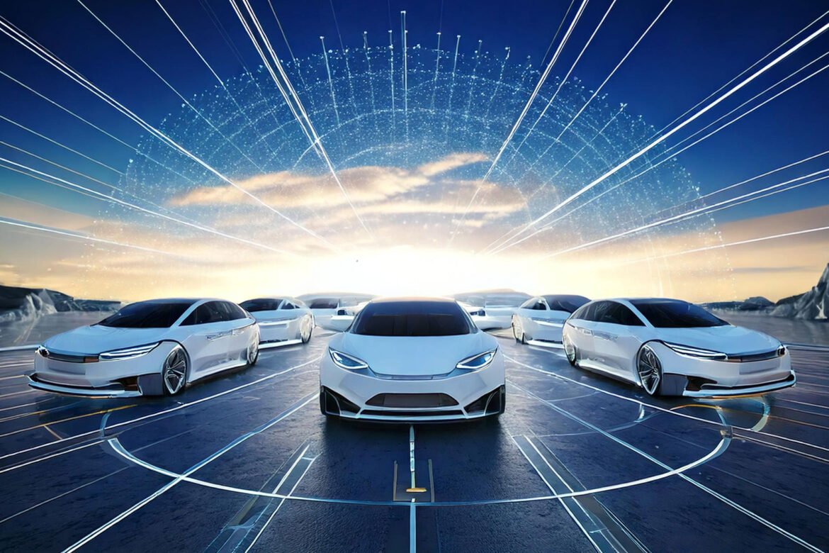 Vehículos modernos en un entorno futurista de carretera conectada