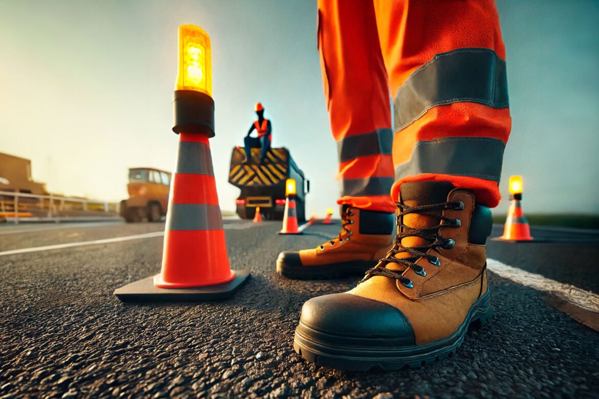 trabajadores de mantenimiento en una carretera con un cono con baliza conectado en primer término